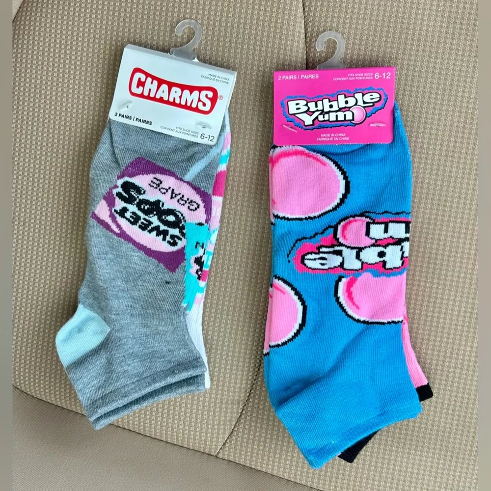 4 pairs Low Cut Socks Bubble Yum Gum & Charms Candy Lollipop NWT Novelty